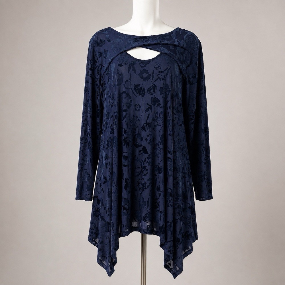 Women Velvet Burnout Asymmetric Top Dark Blue XL Whimsigoth Boho Tunic Y2K